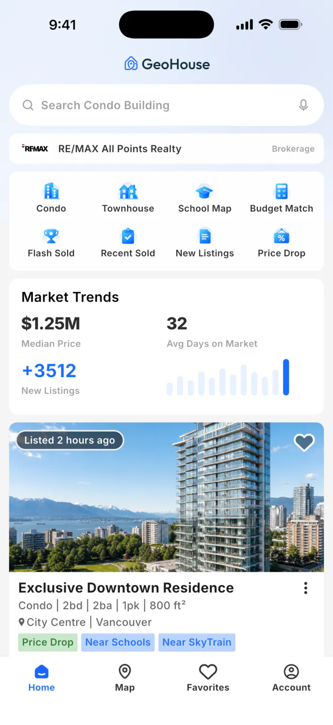 The GeoHouse app home screen: condo and townhouse search, a Greater Vancouver market-trends panel showing a $1.25M median price, and a downtown Vancouver listing card.