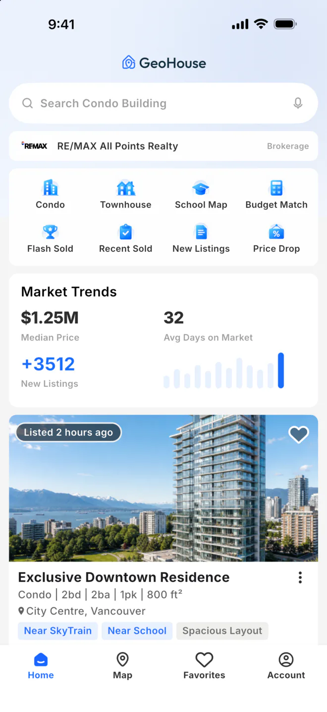 The GeoHouse app home screen: condo and townhouse search, a Greater Vancouver market-trends panel showing a $1.25M median price, and a downtown Vancouver listing card.